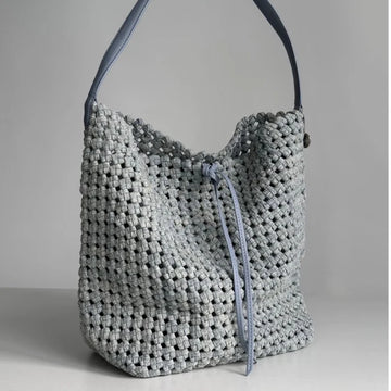 Dusty Blue Woven Tote Bag, Leather Strap Summer Daily Must-Have