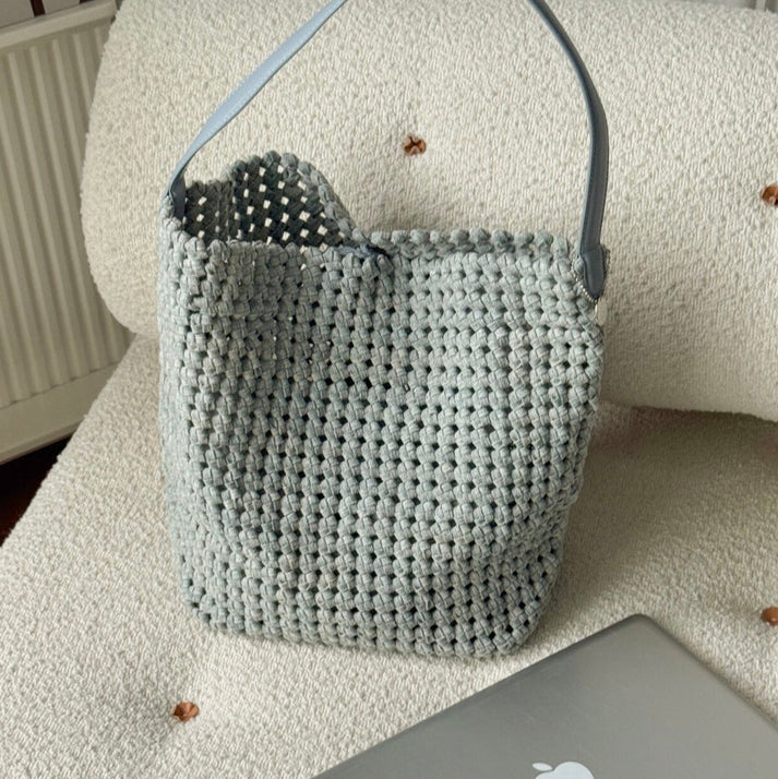 Dusty Blue Woven Tote Bag, Leather Strap Summer Daily Must-Have
