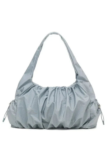 Soft Ash Blue Gathered Shoulder Bag with Leather Zipper Pulls, Casual Daily Carry Must-Have