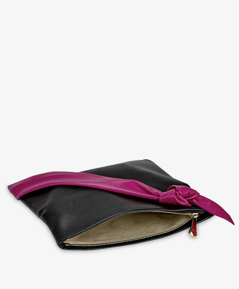 Black Magenta Leather Sash Clutch Bag with Gold Metal Accent, Night Out Party Matching Staple