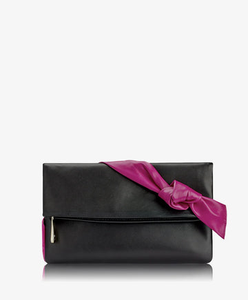 Black Magenta Leather Sash Clutch Bag with Gold Metal Accent, Night Out Party Matching Staple