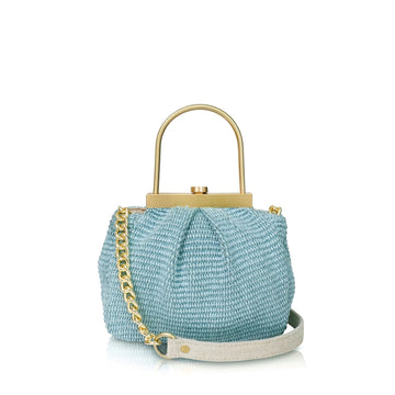 Sky Blue Metal Frame Woven Bag, Leather Trim Summer Outfit Must-Have