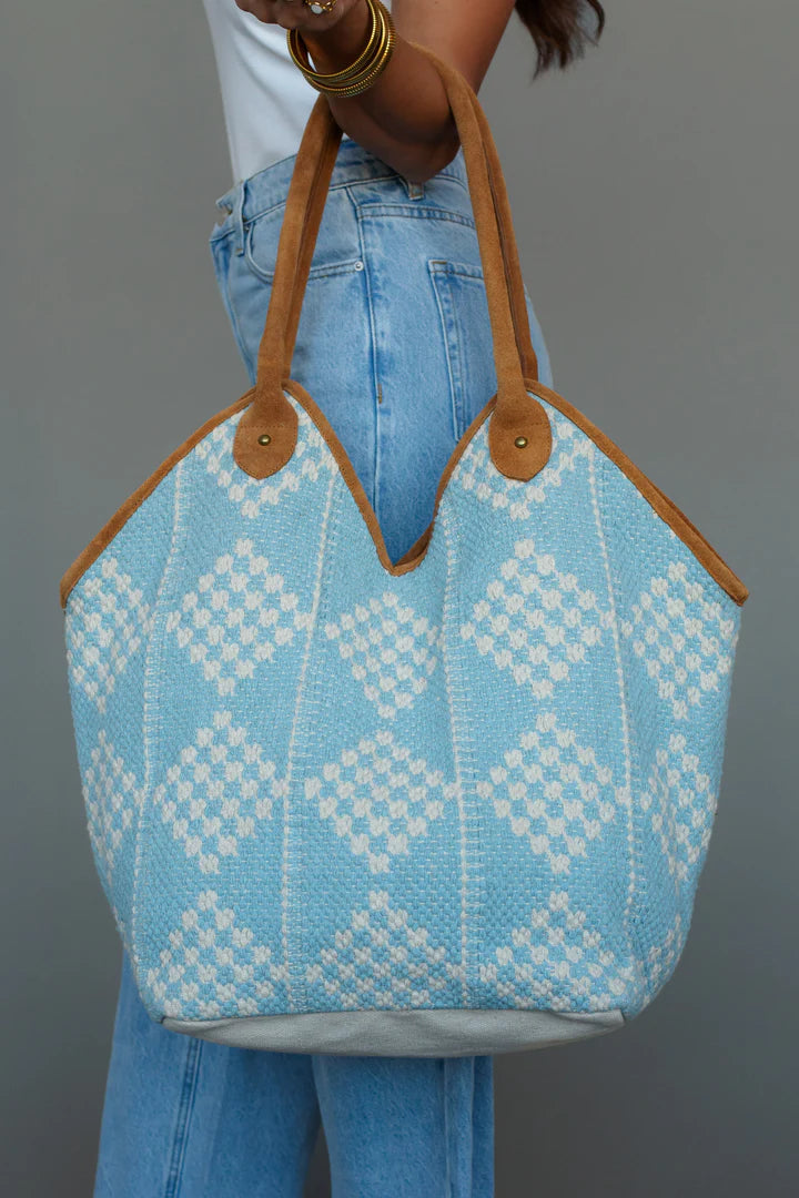 Diamond Pattern Tote Bag with Leather Straps, Daily Casual Wear Essential