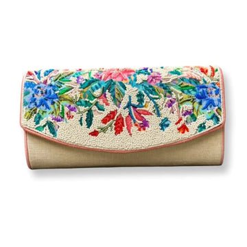 Floral Beaded Beige Clutch, Leather Edge Chain Strap Evening Bag