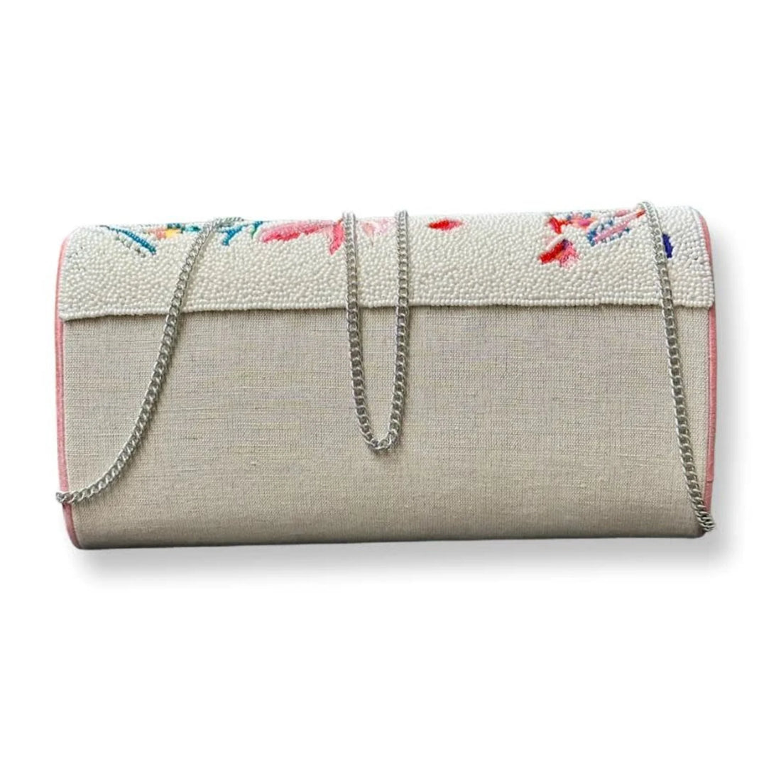 Floral Beaded Beige Clutch, Leather Edge Chain Strap Evening Bag