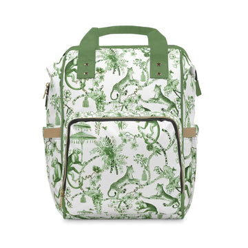White Green Jungle Print Backpack Bag – Fabric Handle & Adjustable Padded Straps, Multi-use Travel Bag
