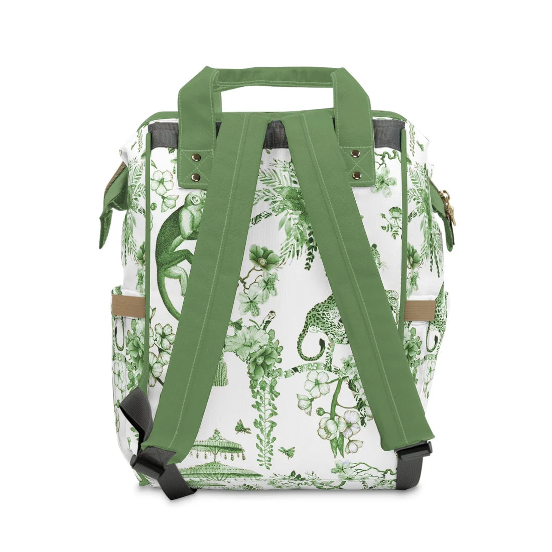 White Green Jungle Print Backpack Bag – Fabric Handle & Adjustable Padded Straps, Multi-use Travel Bag