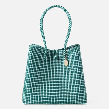 Textured Two-Tone Woven Tote Bag Accented with Leather Tag, Everyday Styling Essential