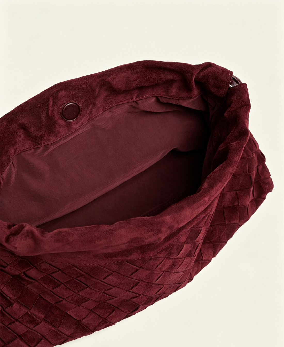 Burgundy Woven Drawstring Shoulder Bag with Leather Knot Pulls, Daily Elegant Outfit Staple